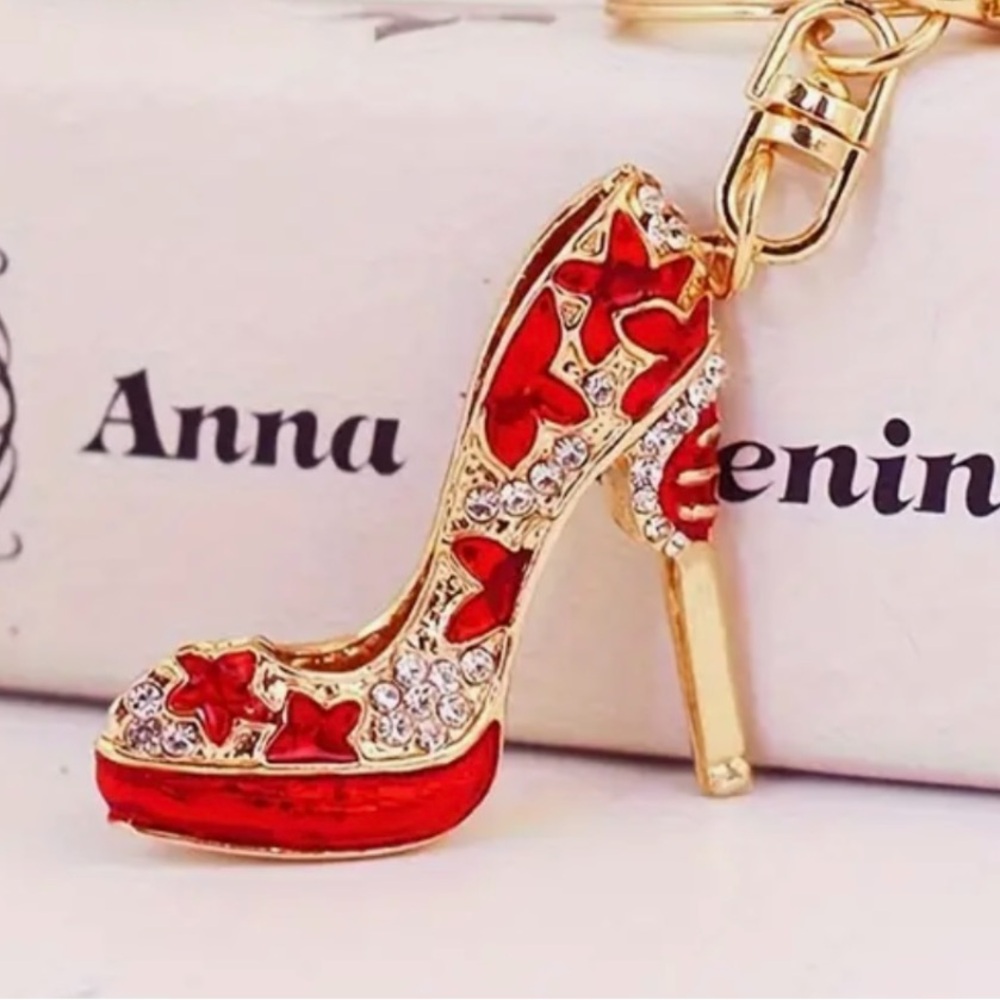 NWT RED HIGH HEEL SHOE HANDBAG CHARM KEYCHAIN WITH CRYSTALS